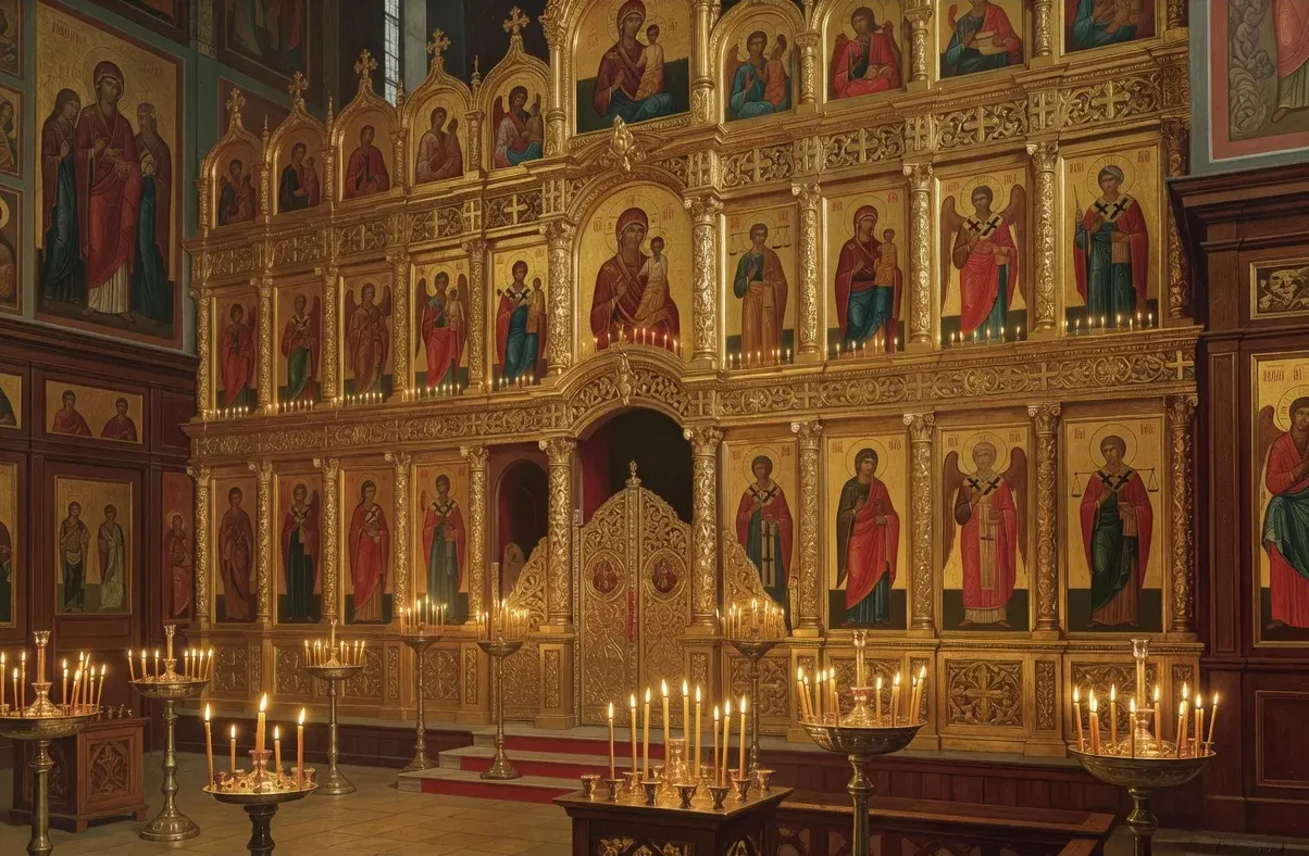 Intérieur d'une église orthodoxe russe avec iconostase dorée et bougies, lumière tamisée