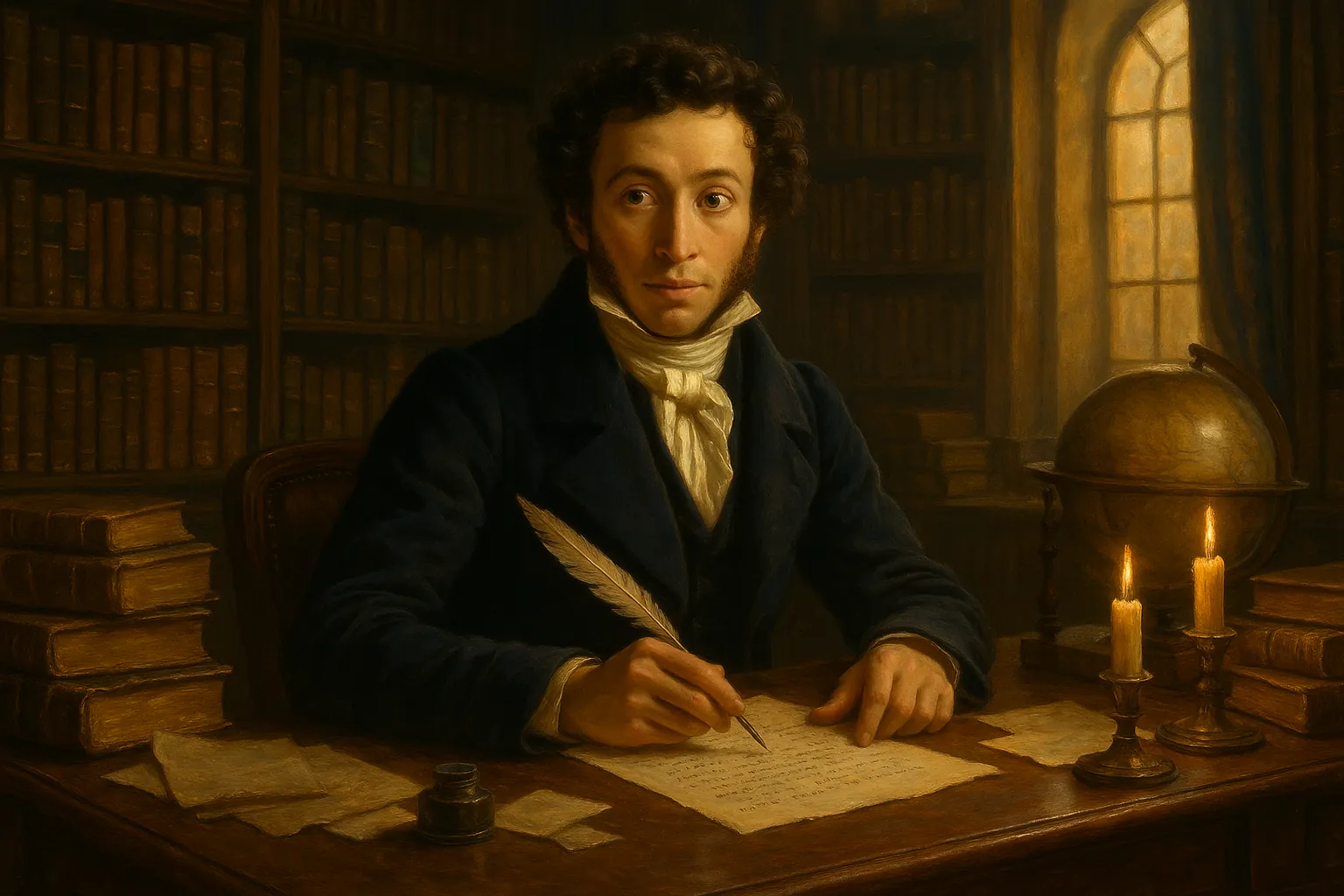 Alexandre Pouchkine écrivant à son bureau dans une bibliothèque impériale russe, entouré de livres, de manuscrits et d'une bougie